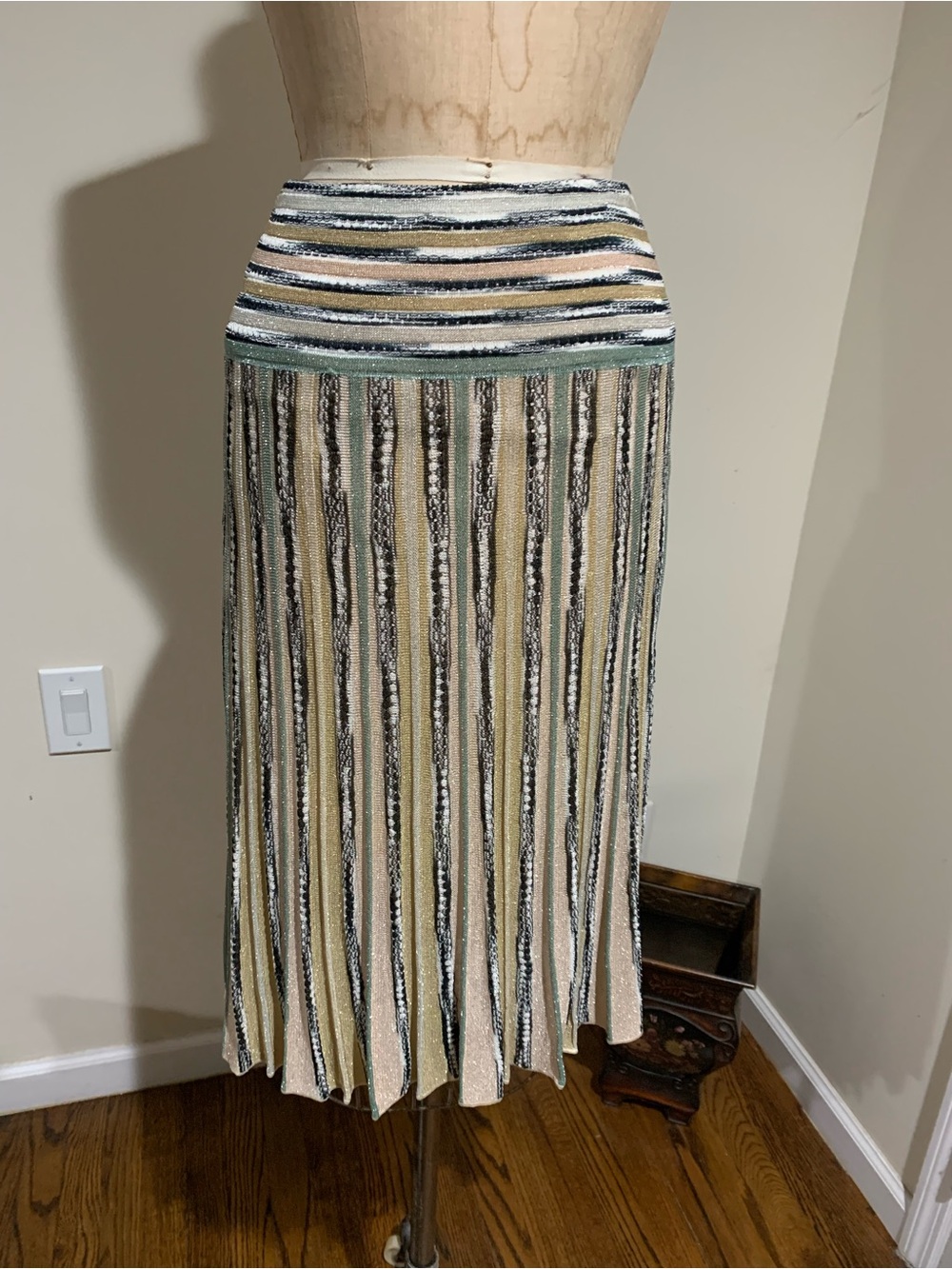 Missoni Striped Knit Midi Skirt in Cream and Green shimmery